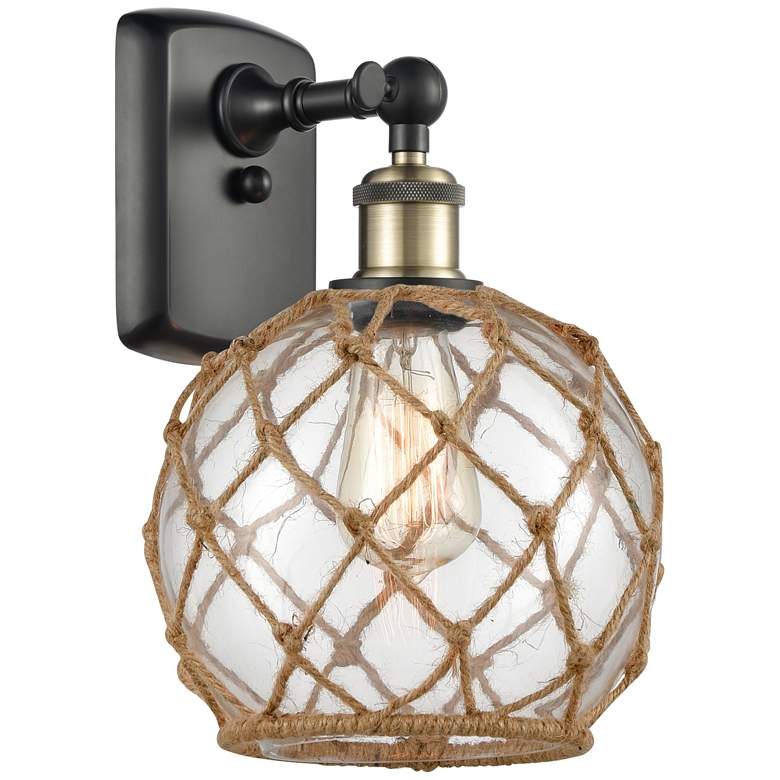 Image 1 Farmhouse Rope 13 inch High Black Brass Sconce w/ Clear and Brown Rope Sha