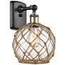 Farmhouse Rope 13" High Black Brass Sconce w/ Clear and Brown Rope Sha
