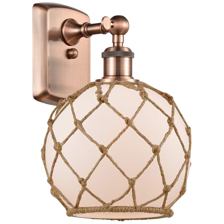 Image 1 Farmhouse Rope 13 inch High Copper Sconce w/ White Glass with Brown Rope S