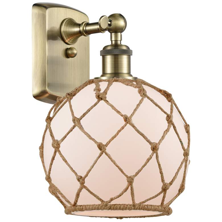 Image 1 Farmhouse Rope 13"H Antique Brass Sconce w/ White and Brown Rope Shade