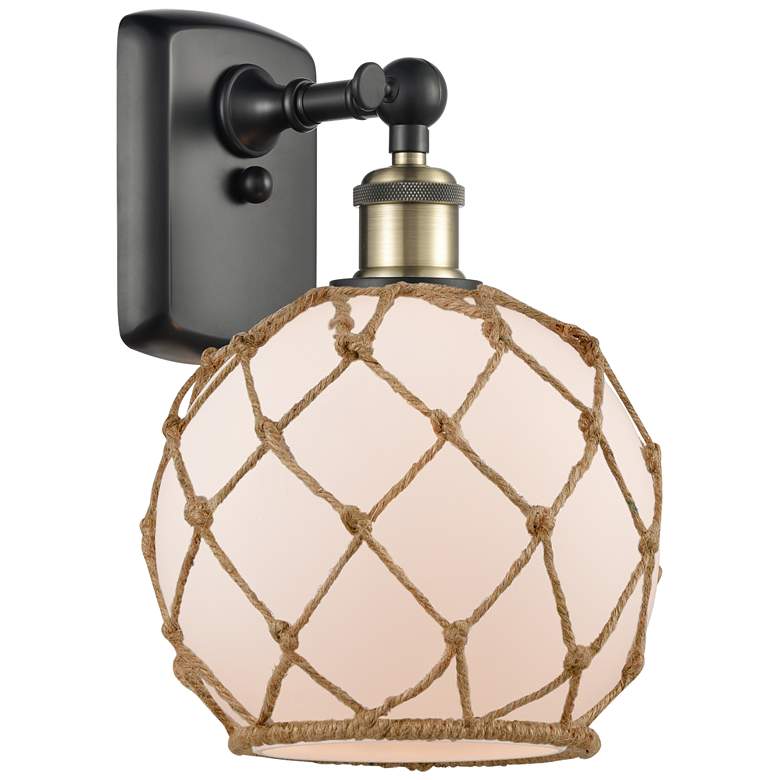 Image 1 Farmhouse Rope 13 inchH Black Brass Sconce w/ White Glass with Brown Rope 