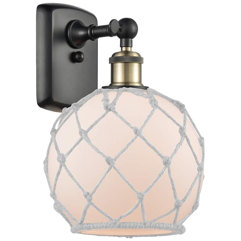 Image 1 Farmhouse Rope 13 inchH Black Brass Sconce w/ White Glass with White Rope 