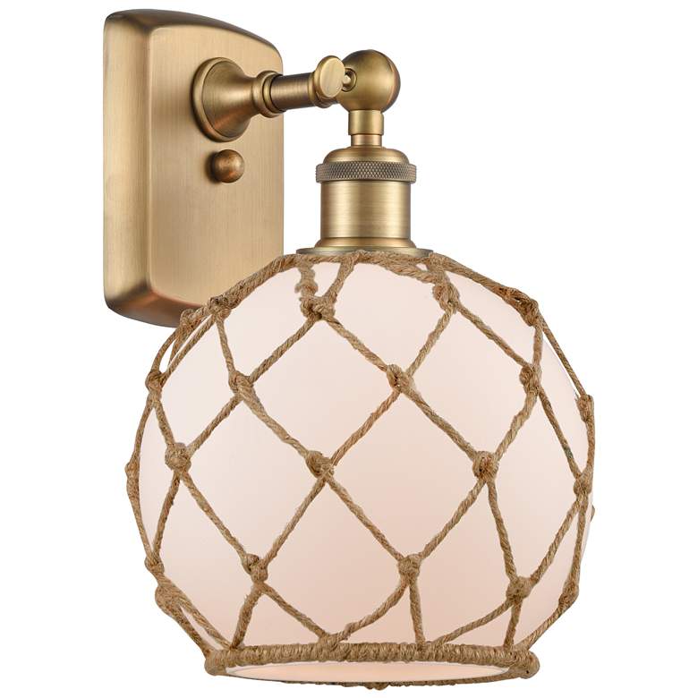 Image 1 Farmhouse Rope 13 inchH Brushed Brass Sconce w/ White and Brown Rope Shade