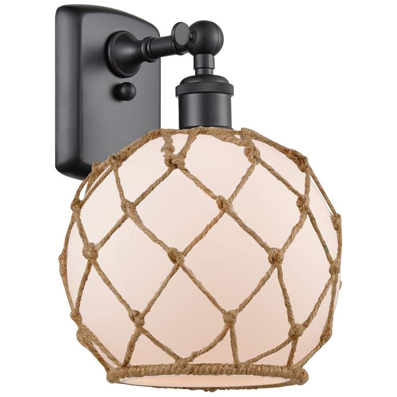 Image 1 Farmhouse Rope 13 inchH Matte Black Sconce w/ White Glass with Brown Rope 
