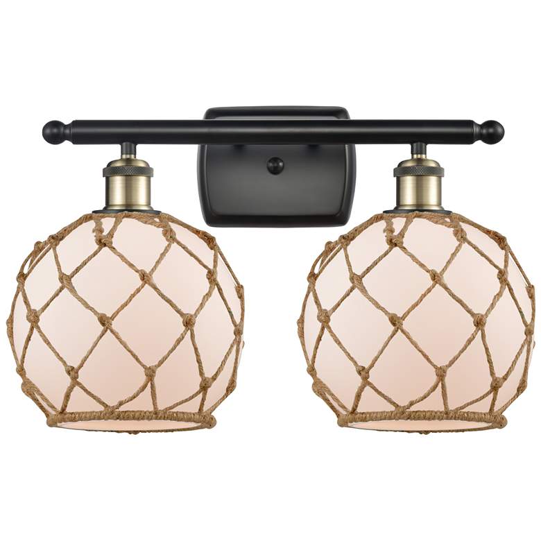 Image 1 Farmhouse Rope 16"W 2 Light Black Brass Bath Light w/ White and Brown