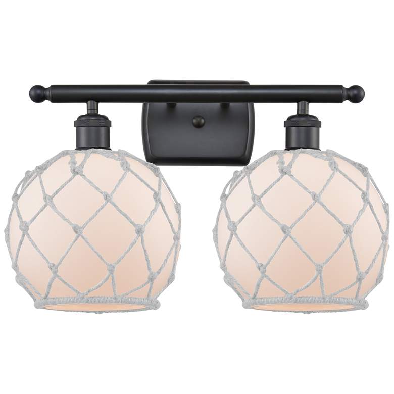 Image 1 Farmhouse Rope 16 inchW 2 Light Matte Black Bath Light w/ White Rope Shade