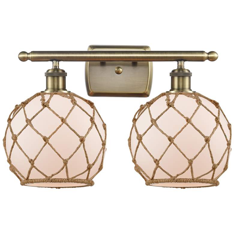Image 1 Farmhouse Rope 16"W 2 Lt Antique Brass Bath Light w/ White and Brown S