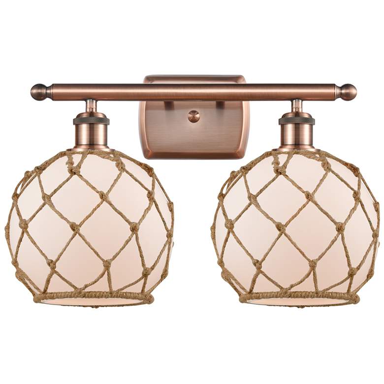 Image 1 Farmhouse Rope 16"W 2 Lt Copper Bath Light w/ White and Brown Shade