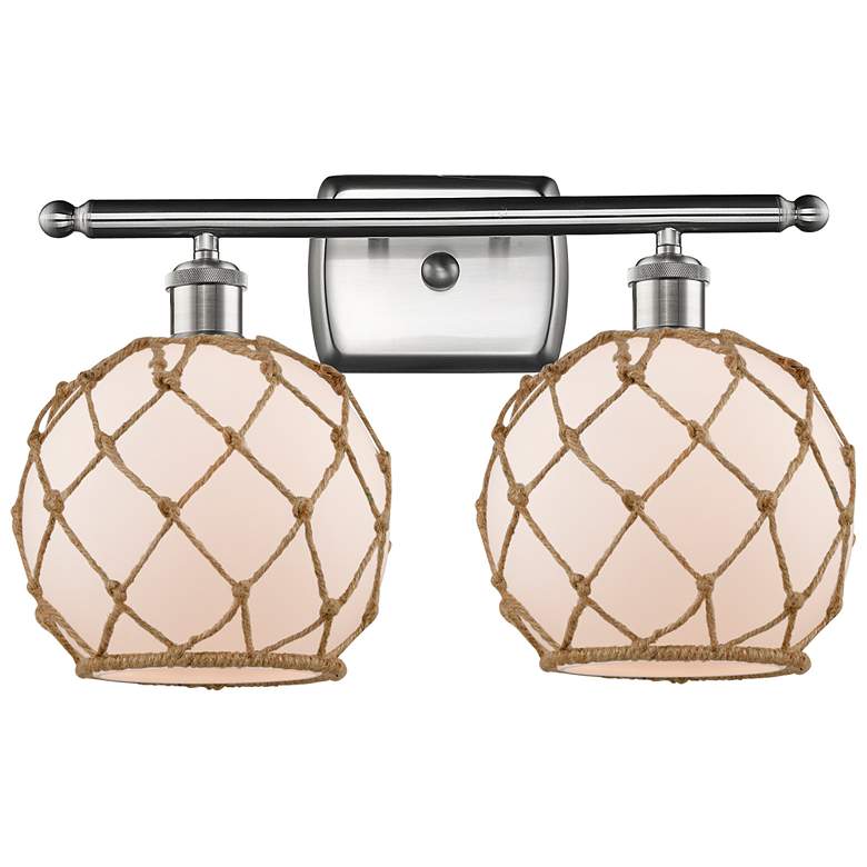 Image 1 Farmhouse Rope 16"W 2 Lt Satin Nickel Bath Light w/ White and Brown Sh