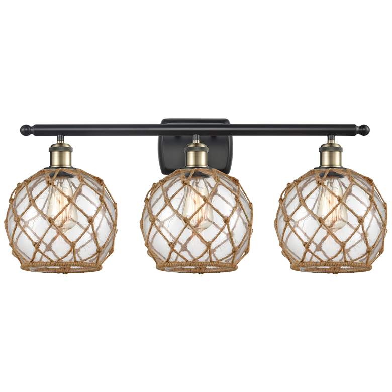 Image 1 Farmhouse Rope 26 inchW 3 Light Black Brass Bath Light w/ Clear and Brown 