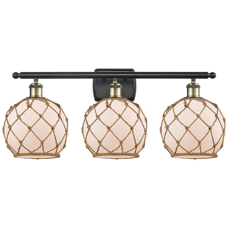 Image 1 Farmhouse Rope 26"W 3 Light Black Brass Bath Light w/ White and Brown
