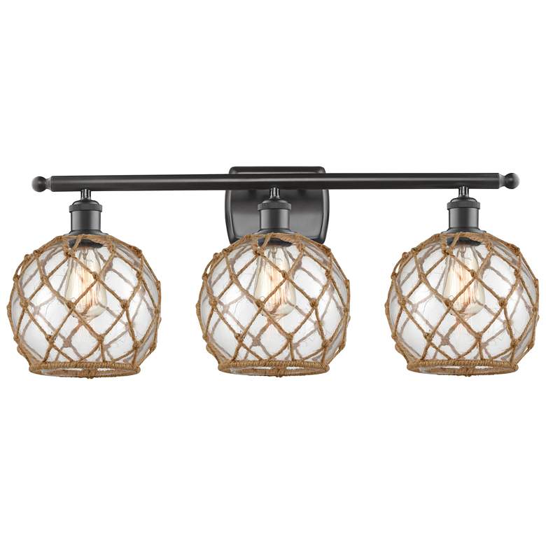Image 1 Farmhouse Rope 26 inchW 3 Light Bronze Bath Light w/ Clear and Brown Shade