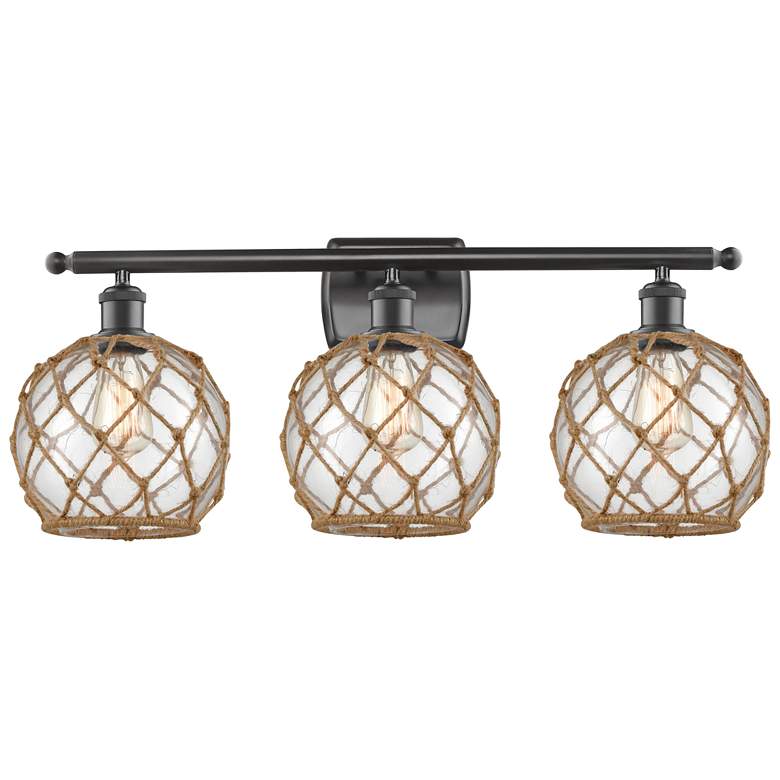 Image 1 Farmhouse Rope 26"W 3 Light Bronze Bath Light w/ Clear and Brown Shade