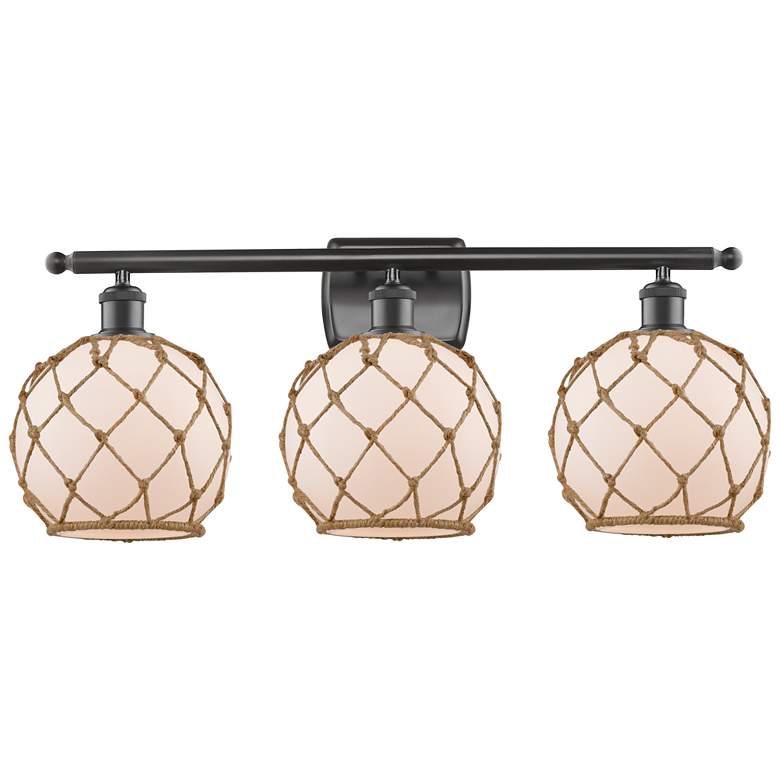 Image 1 Farmhouse Rope 26 inchW 3 Light Bronze Bath Light w/ White and Brown Shade