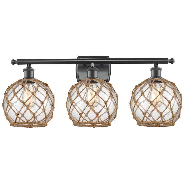 Image 1 Farmhouse Rope 26 inchW 3 Light Matte Black Bath Light w/ Clear and Brown 