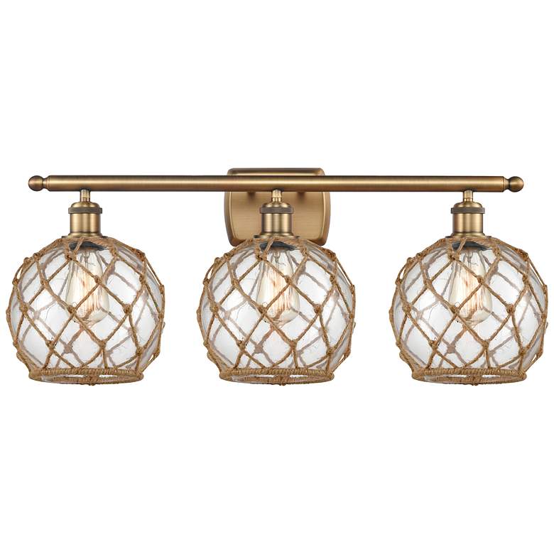 Image 1 Farmhouse Rope 26 inchW 3 Lt Brushed Brass Bath Light w/ Clear and Brown S