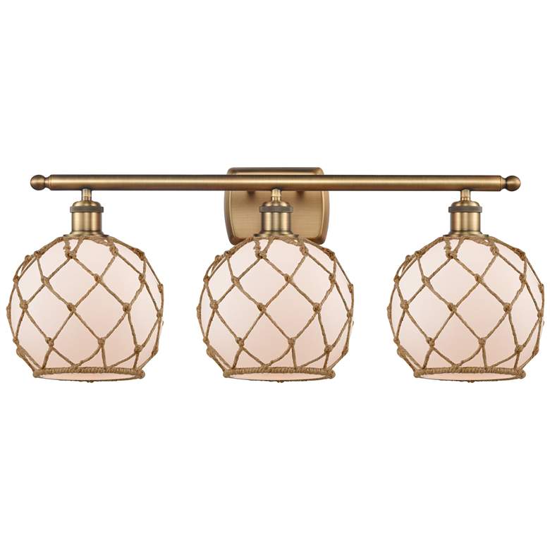 Image 1 Farmhouse Rope 26"W 3 Lt Brushed Brass Bath Light w/ White and Brown S