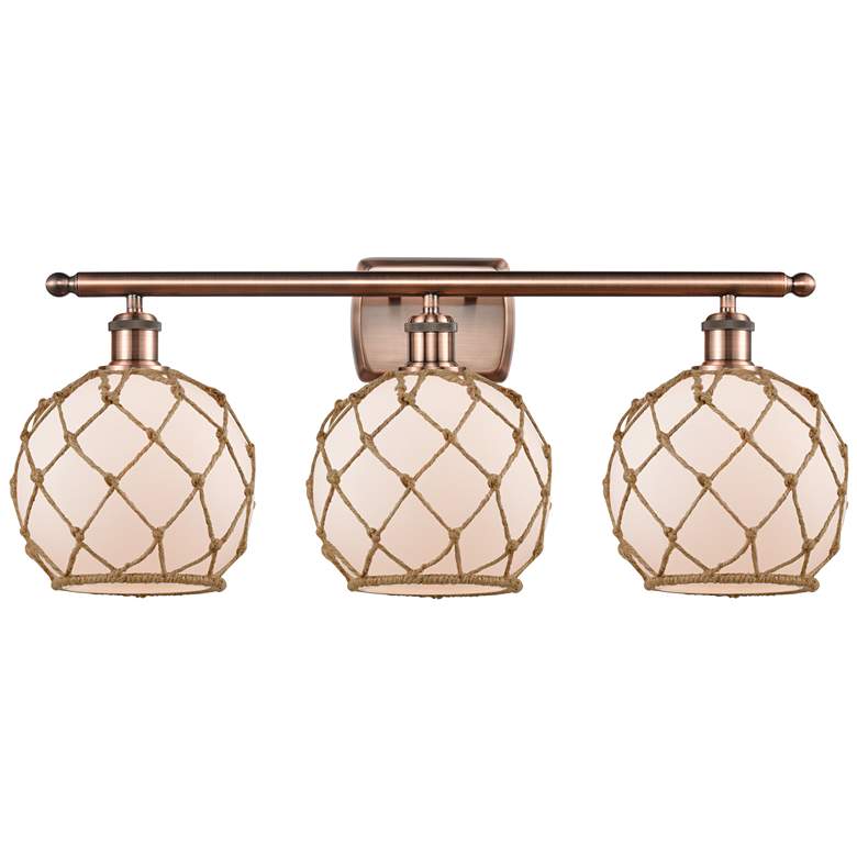 Image 1 Farmhouse Rope 26"W 3 Lt Copper Bath Light w/ White and Brown Shade