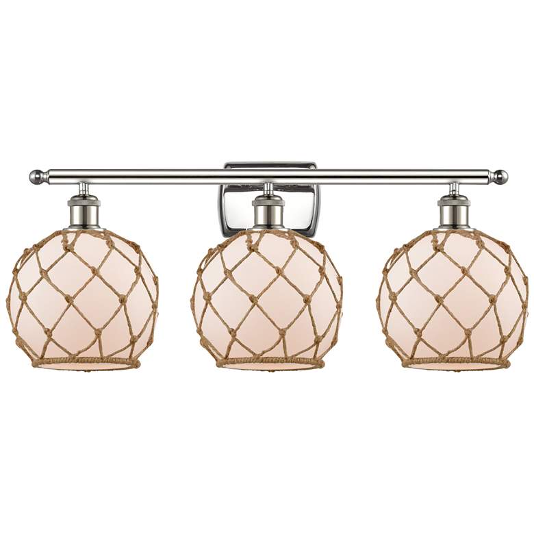 Image 1 Farmhouse Rope 26 inchW 3 Lt Polished Nickel Bath Light w/ White &#38; Bro