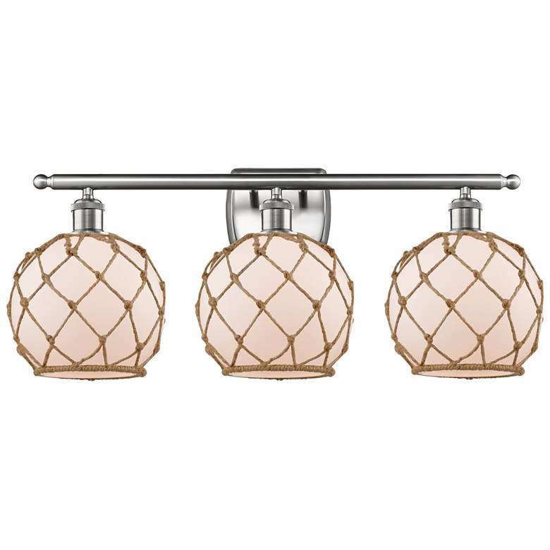Image 1 Farmhouse Rope 26"W 3 Lt Satin Nickel Bath Light w/ White and Brown Sh