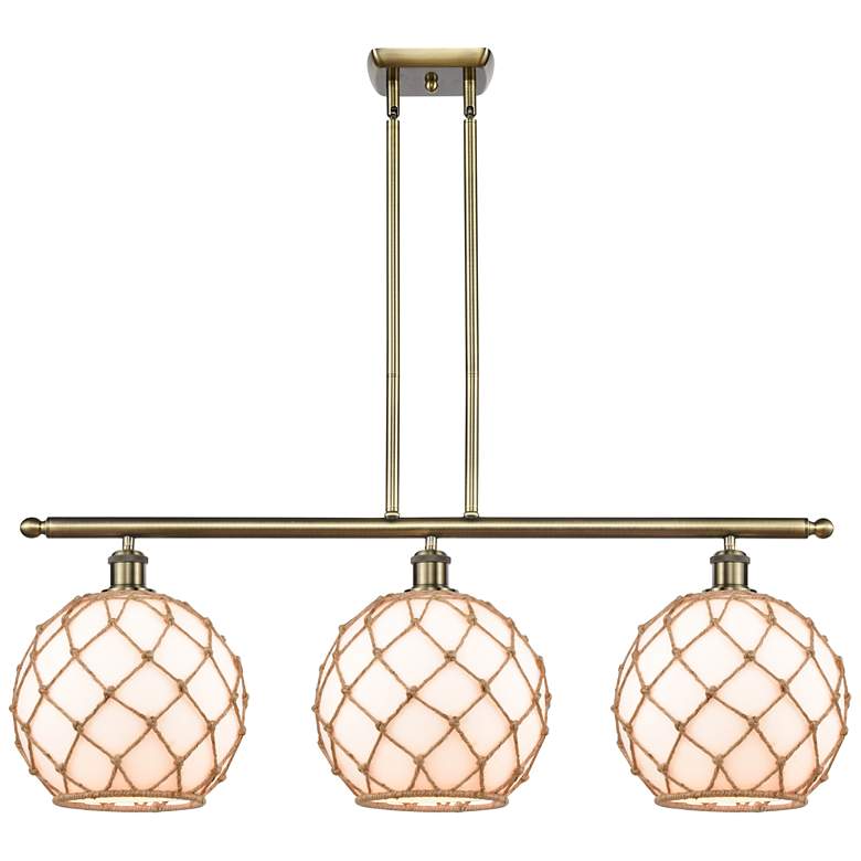 Image 1 Farmhouse Rope 36"W 3-Lt Antique Brass Island Light White and Brown Sh