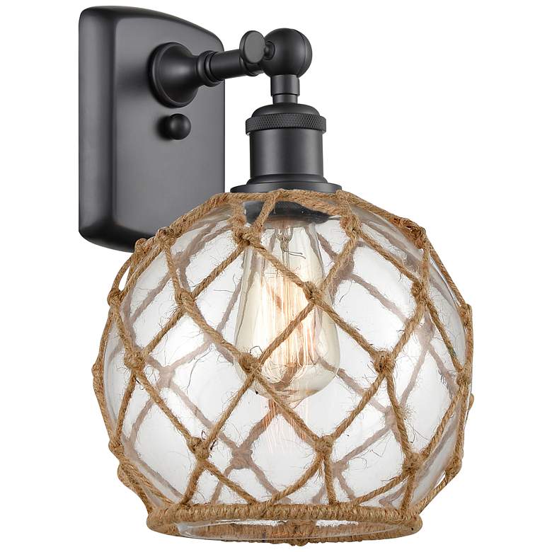 Image 1 Farmhouse Rope 8" LED Sconce - Black - Clear Glass with Brown Rope Sha