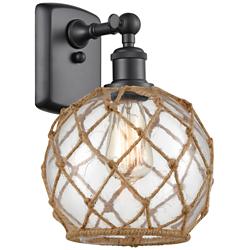Farmhouse Rope 8" LED Sconce - Black - Clear Glass with Brown Rope Sha
