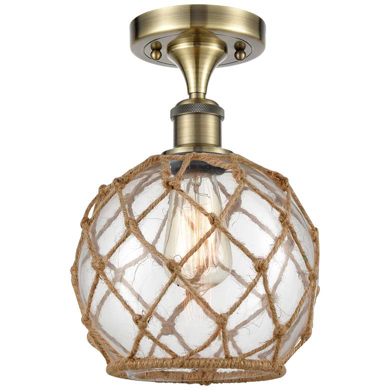 Image 1 Farmhouse Rope 8" LED Semi-Flush Mount - Brass - Clear Glass - Brown