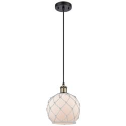 Farmhouse Rope 8"W Black Brass Corded Mini Pendant w/ White Rope Shade