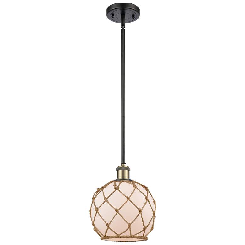 Image 1 Farmhouse Rope 8"W Black Brass Stem Mini Pendant w/ White and Brown Sh