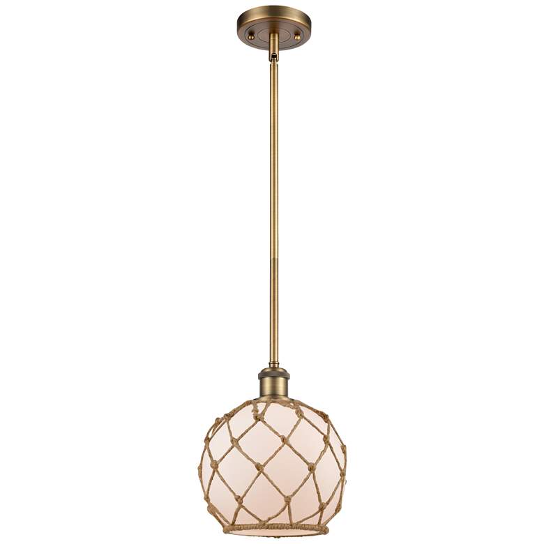 Image 1 Farmhouse Rope 8"W Brushed Brass Stem Mini Pendant w/ White and Brown