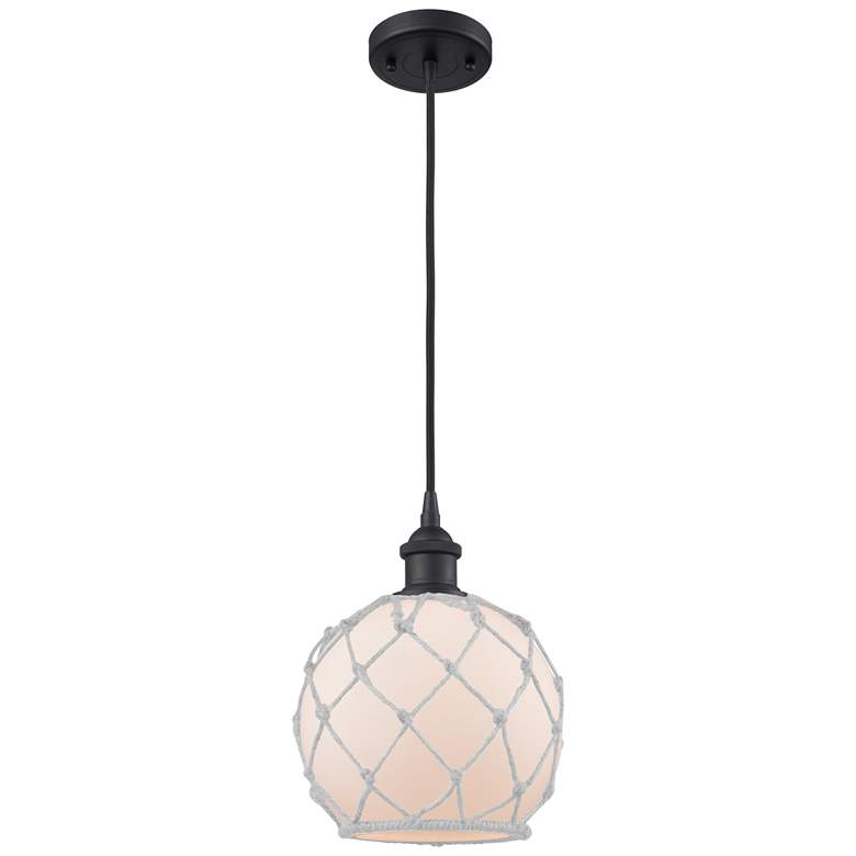 Image 1 Farmhouse Rope 8"W Matte Black Corded Mini Pendant w/ White Rope Shade