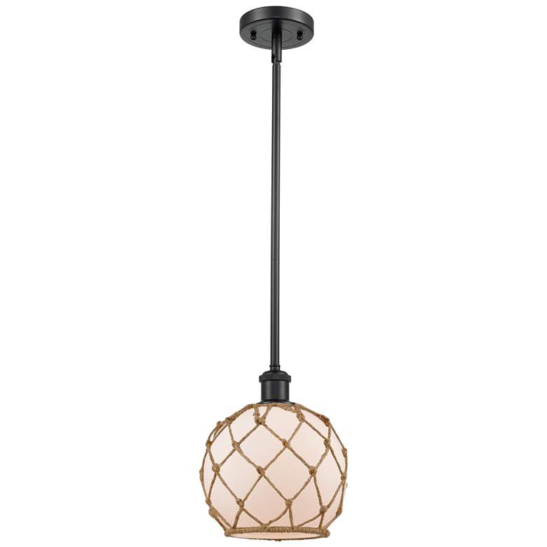 Image 1 Farmhouse Rope 8"W Matte Black Stem Mini Pendant w/ White and Brown Sh