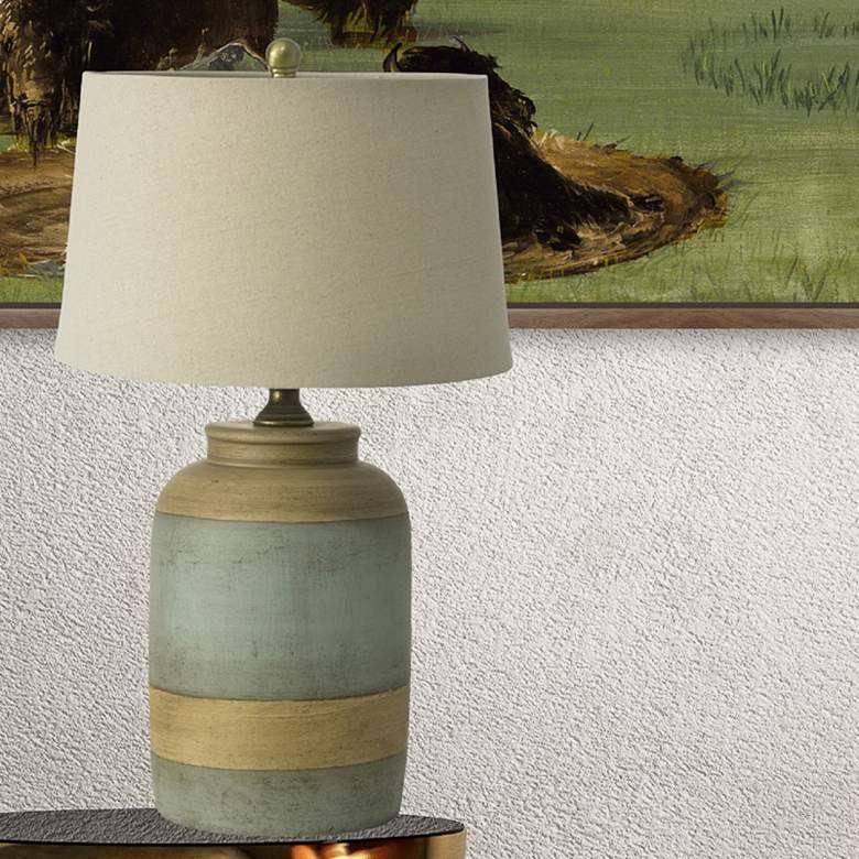 Image 1 Farmhouse Weathered Green Wood Band Canister Table Lamp