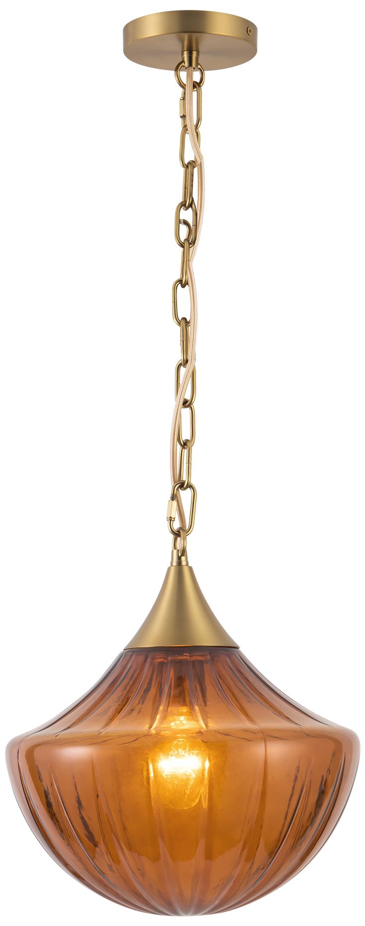 Farrah 12-in Brushed Gold Pendant with Ribbed Amber Glass