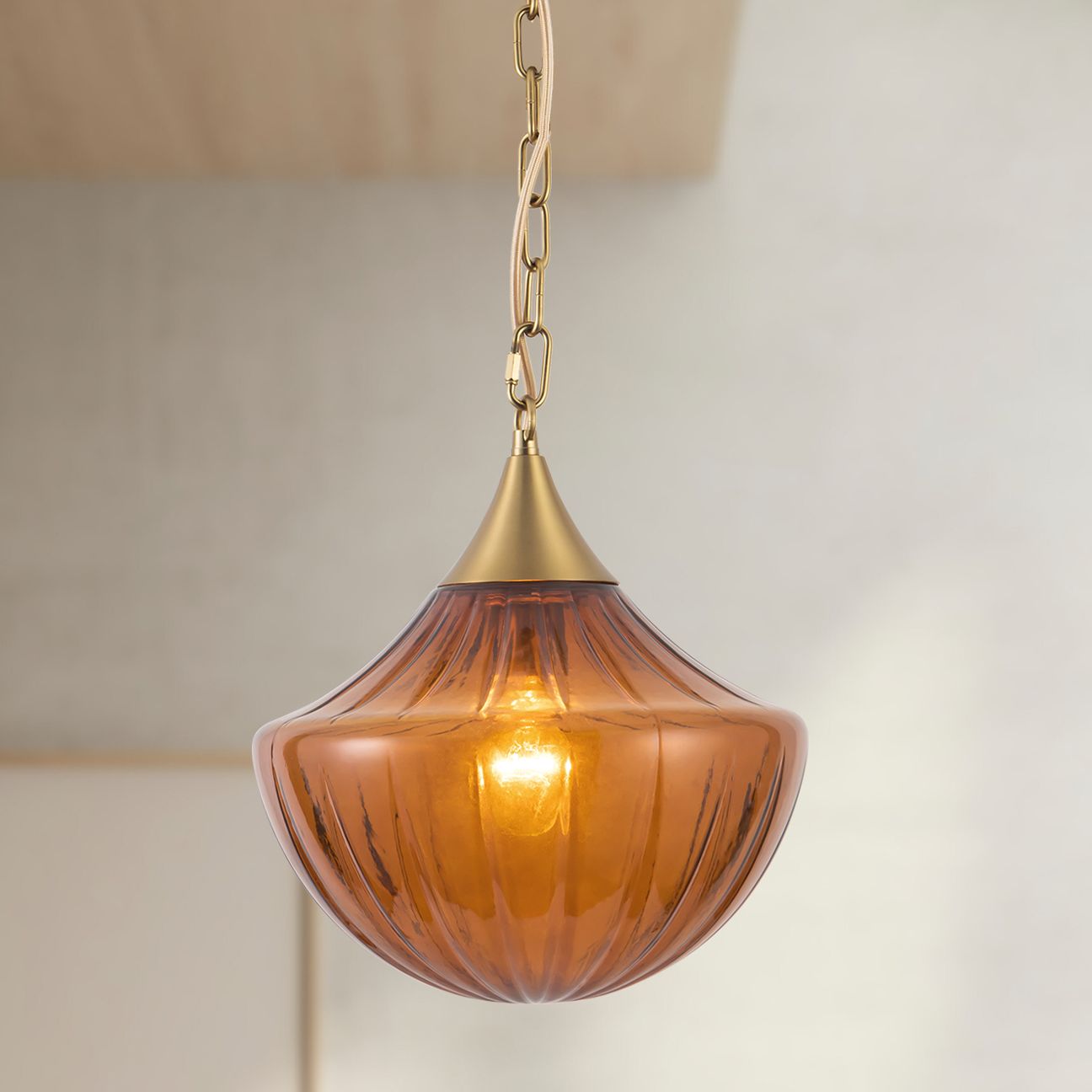 Farrah 12-in Brushed Gold Pendant with Ribbed Amber Glass