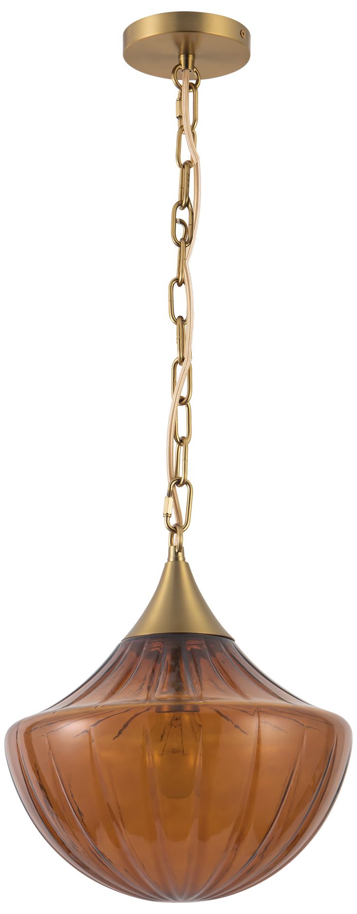 Image 3 Farrah 12-in Brushed Gold Pendant with Ribbed Amber Glass more views