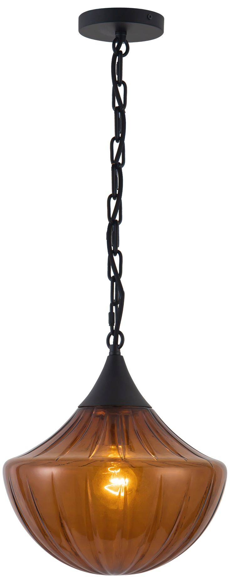 Farrah 12-in Matte Black Pendant with Ribbed Amber Glass