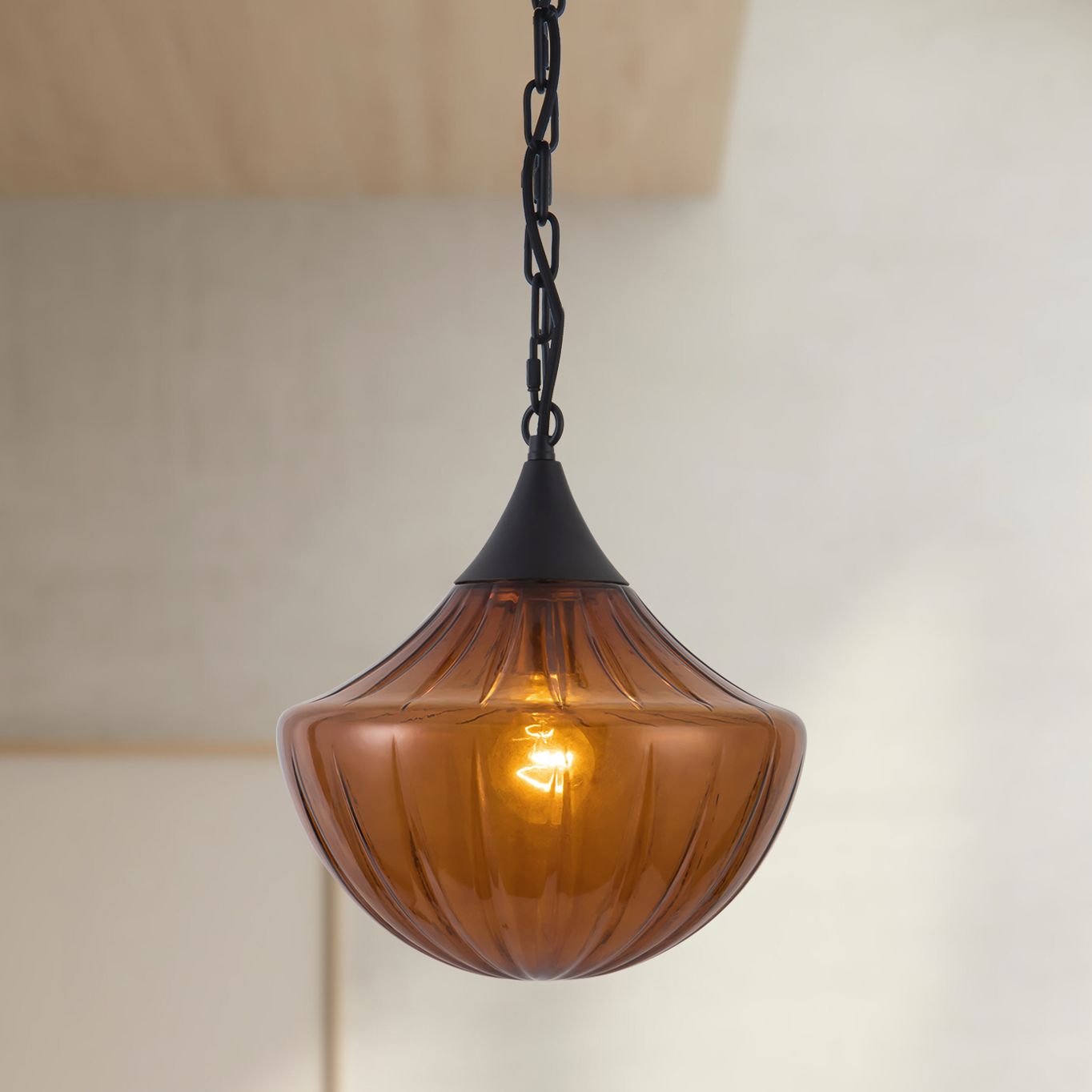 Farrah 12-in Matte Black Pendant with Ribbed Amber Glass