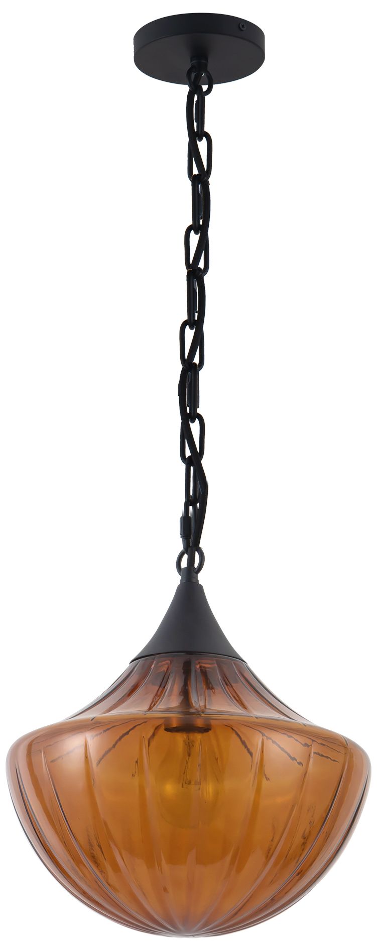 Image 3 Farrah 12-in Matte Black Pendant with Ribbed Amber Glass more views