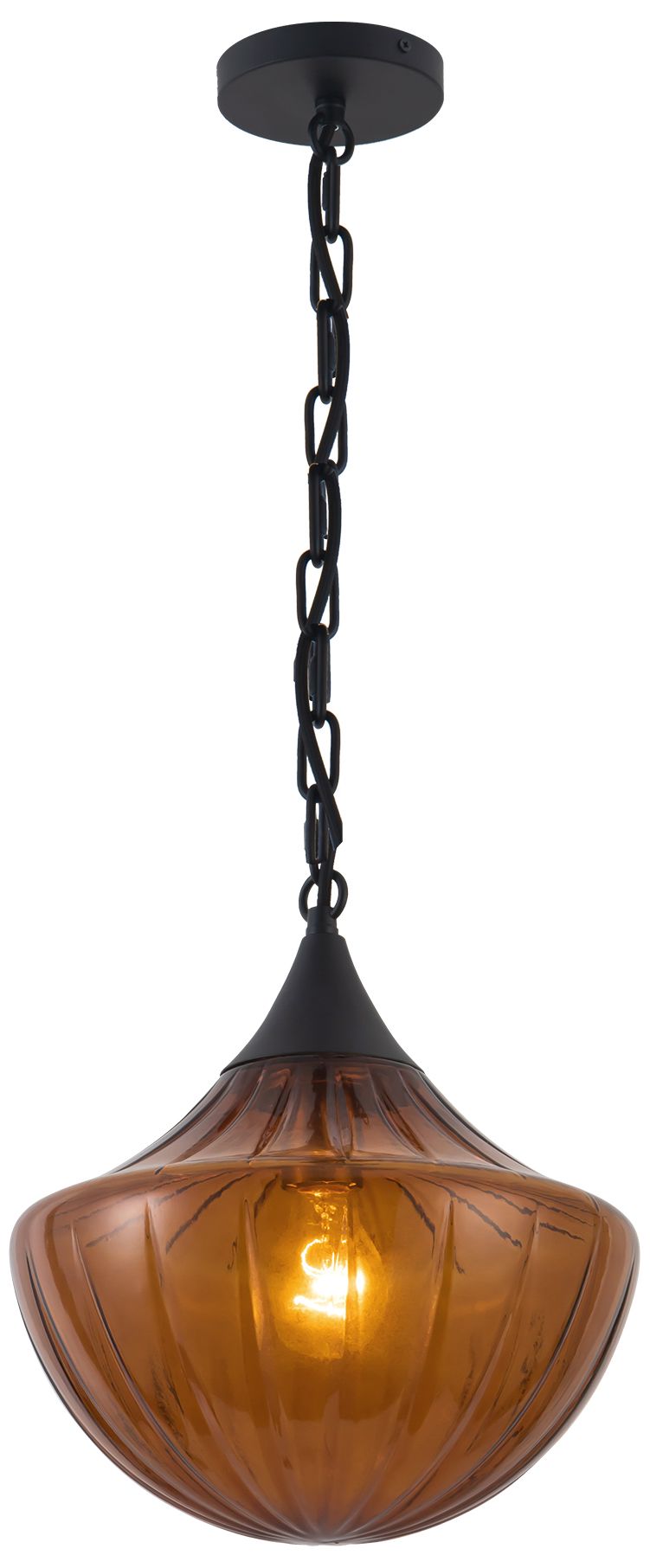 Image 6 Farrah 12-in Matte Black Pendant with Ribbed Amber Glass more views