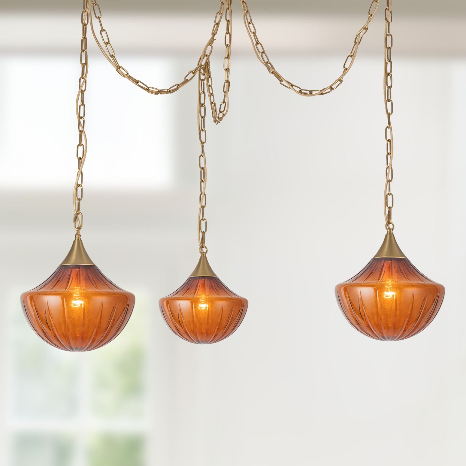 Thumbnail1 of Farrah 3-Light Brushed Gold Multi Pendant with Amber Opal Glass