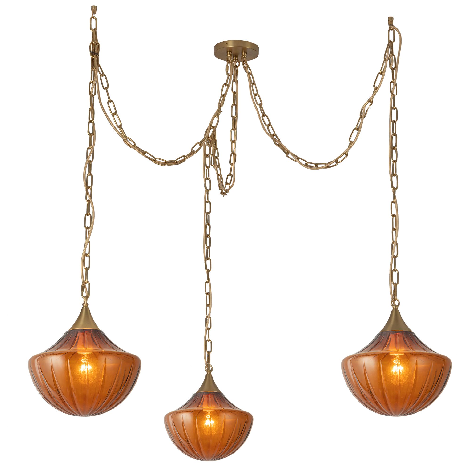 Thumbnail3 of Farrah 3-Light Brushed Gold Multi Pendant with Amber Opal Glass more views