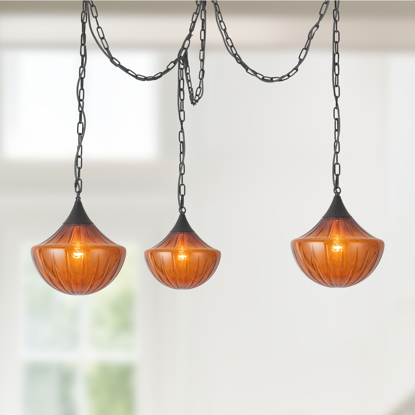 Farrah 3-Light Matte Black Multi-Light Pendant with Amber Opal Glass