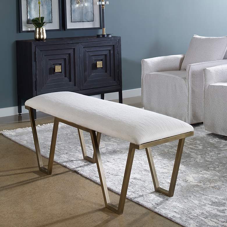 Image 3 Farrah 53 3/4 inch Wide Gold Iron and White Fabric Accent Bench more views