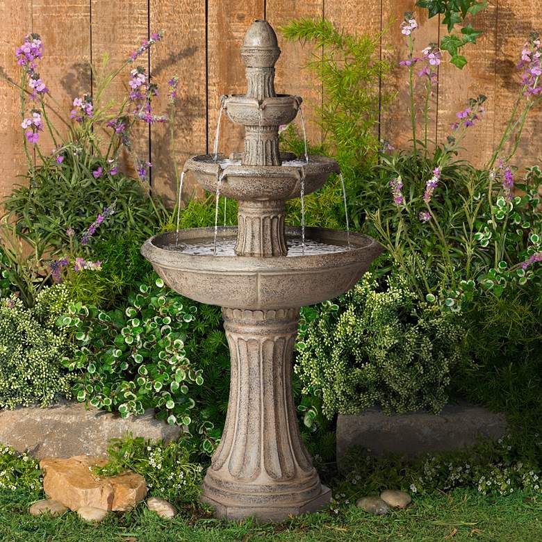 Image 1 Farron 46 inch High Gray 3-Tier LED Lighted Outdoor Fountain