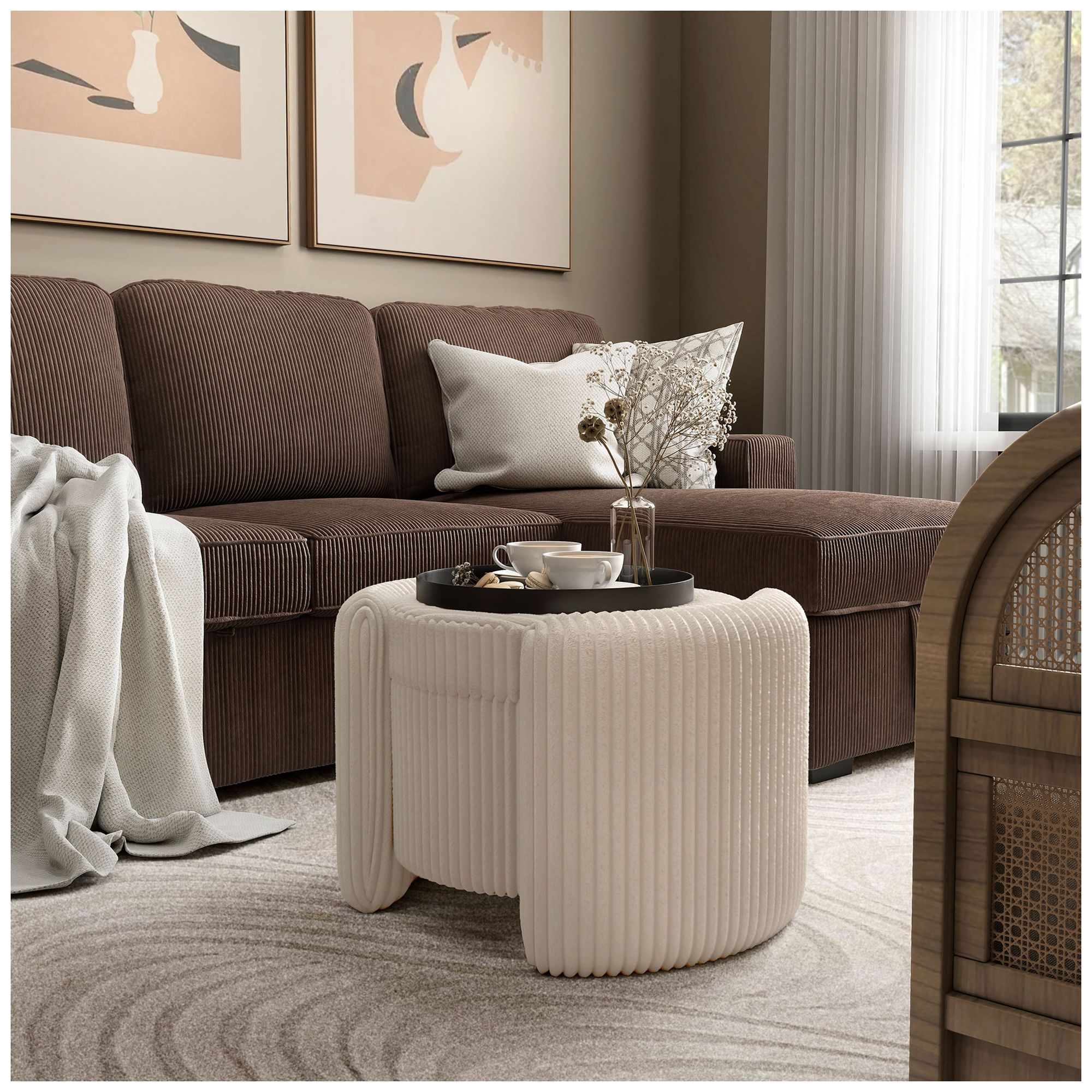 Image 2 Fata Beige Pink Chenille Corduroy  Round Storage Ottoman With Tray Top more views