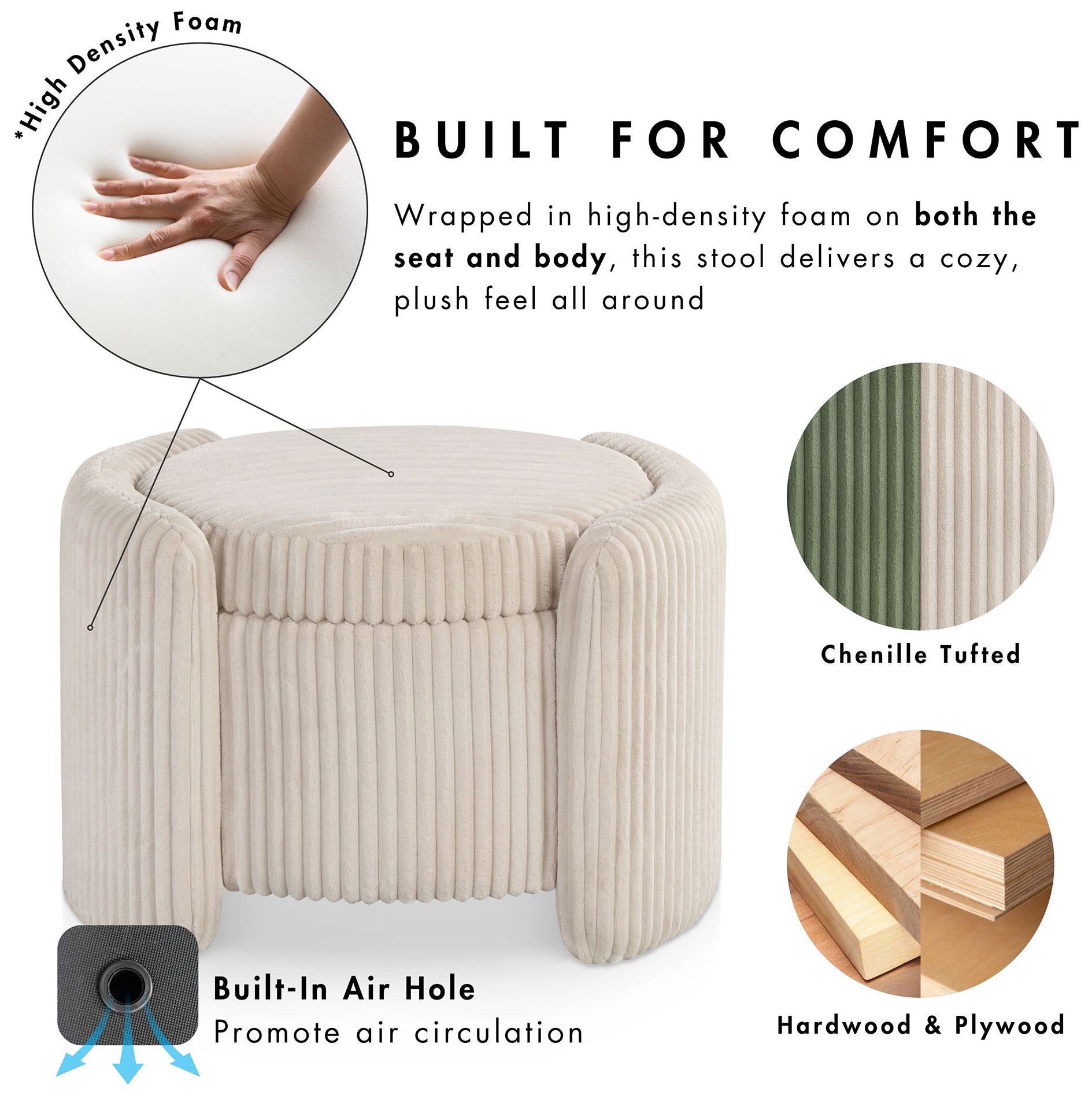 Fata Beige Pink Chenille Corduroy  Round Storage Ottoman With Tray Top