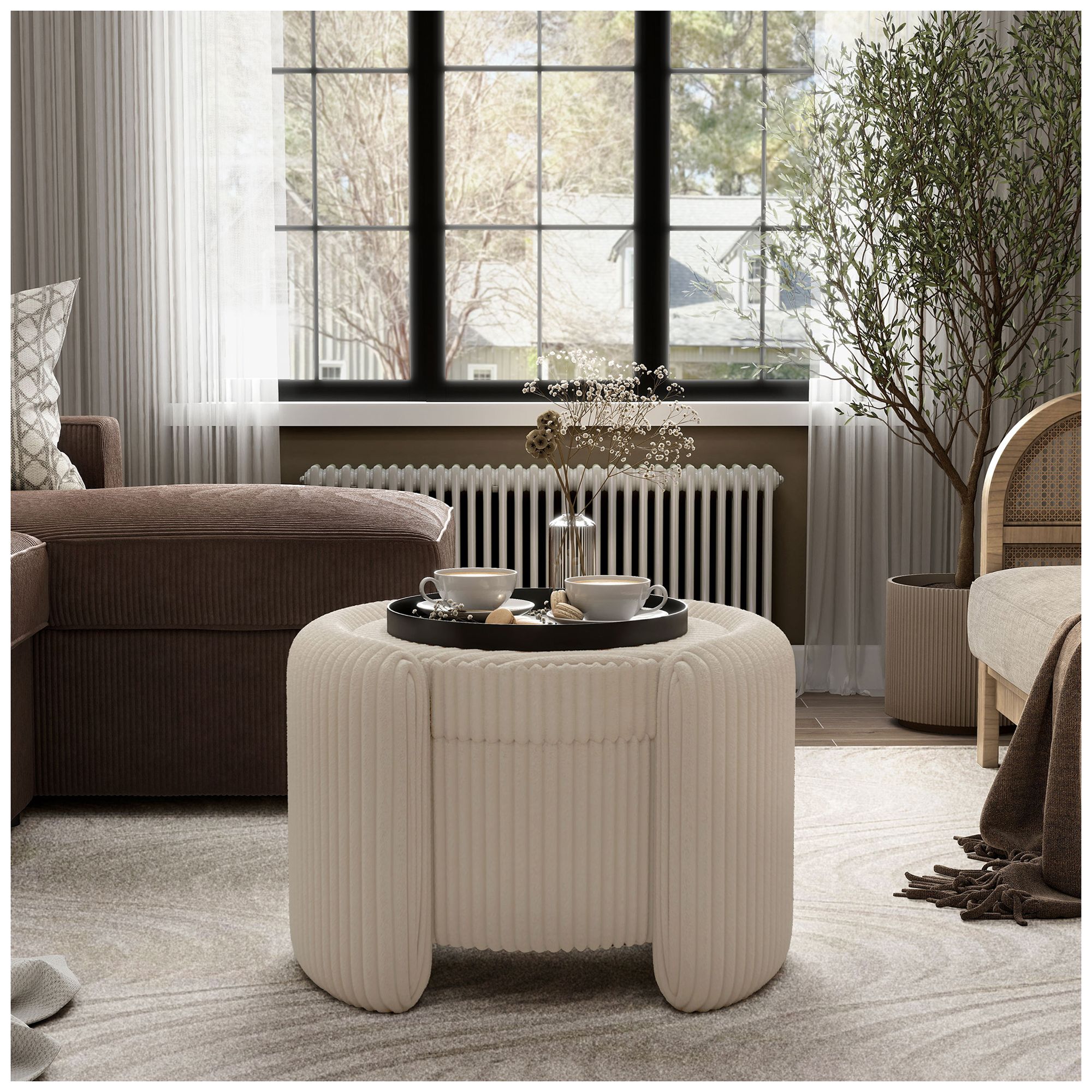 Image 3 Fata Beige Pink Chenille Corduroy  Round Storage Ottoman With Tray Top more views