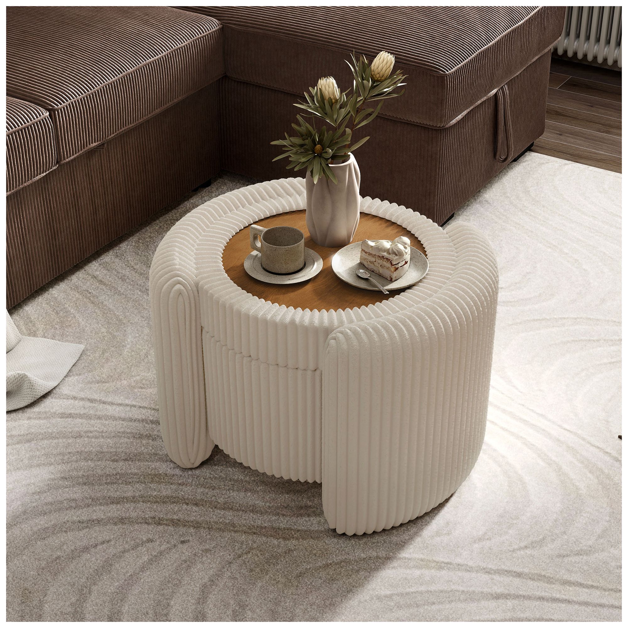 Image 4 Fata Beige Pink Chenille Corduroy  Round Storage Ottoman With Tray Top more views